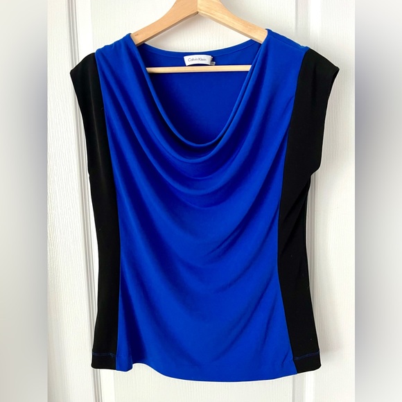 Calvin Klein Blue & Black Colorblock Draped Blouse Size M - Picture 2 of 9
